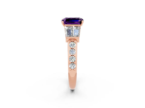Rose gold Emerald Cut Amethyst Engagement Ring with Baguette Side Stones and Channel Set Band_2