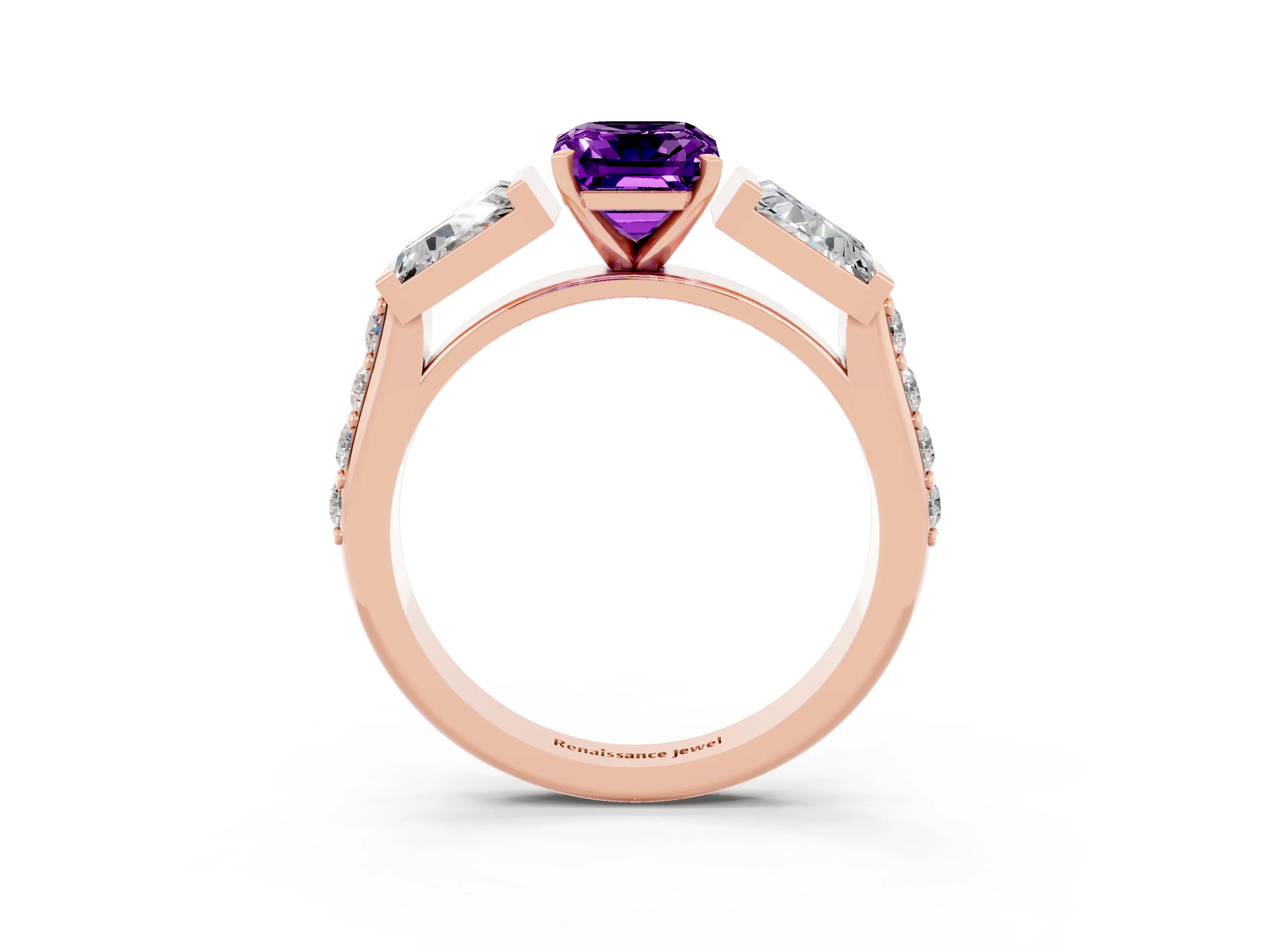 Rose gold Emerald Cut Amethyst Engagement Ring with Baguette Side Stones and Channel Set Band_3