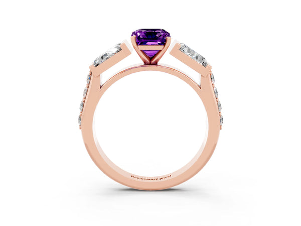 Rose gold Emerald Cut Amethyst Engagement Ring with Baguette Side Stones and Channel Set Band