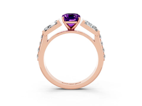 Rose gold Emerald Cut Amethyst Engagement Ring with Baguette Side Stones and Channel Set Band_3