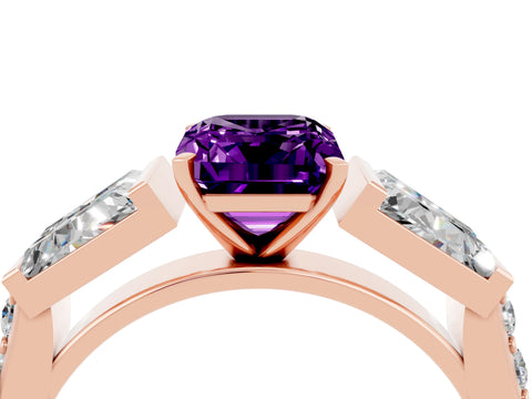 Rose gold Emerald Cut Amethyst Engagement Ring with Baguette Side Stones and Channel Set Band_4