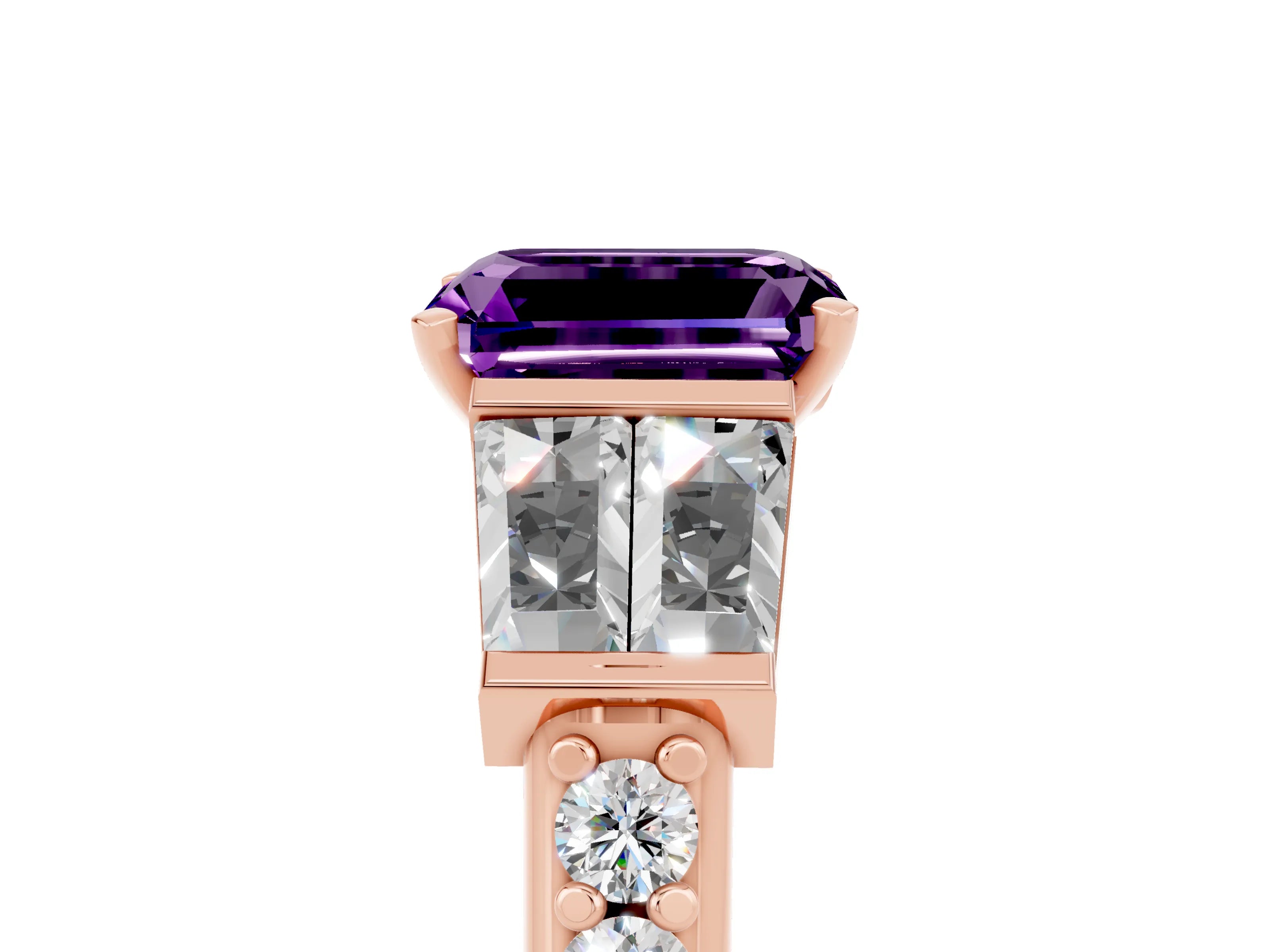Rose gold Emerald Cut Amethyst Engagement Ring with Baguette Side Stones and Channel Set Band_5