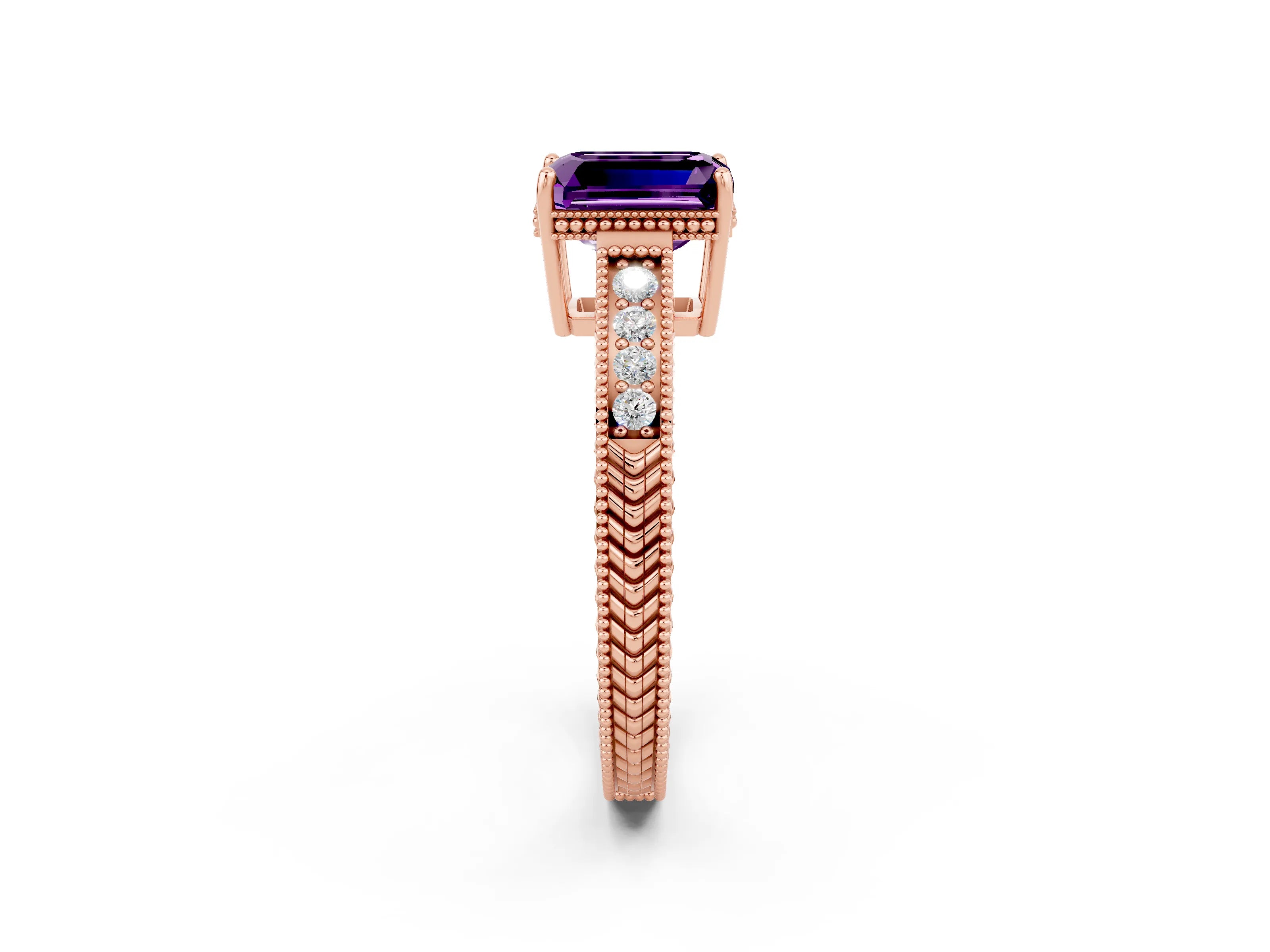 Rose gold Emerald Cut Amethyst Engagement Ring with Milgrain Channel Set Band and Prong Setting_2