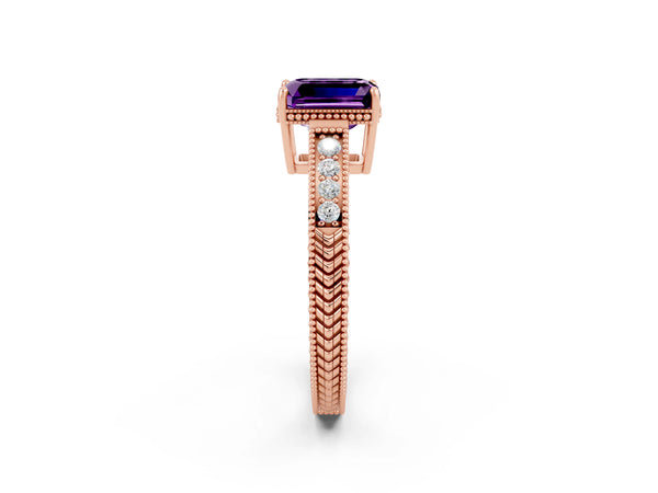 Rose gold Emerald Cut Amethyst Engagement Ring with Milgrain Channel Set Band and Prong Setting