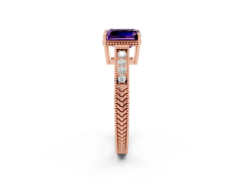 Rose gold Emerald Cut Amethyst Engagement Ring with Milgrain Channel Set Band and Prong Setting_2