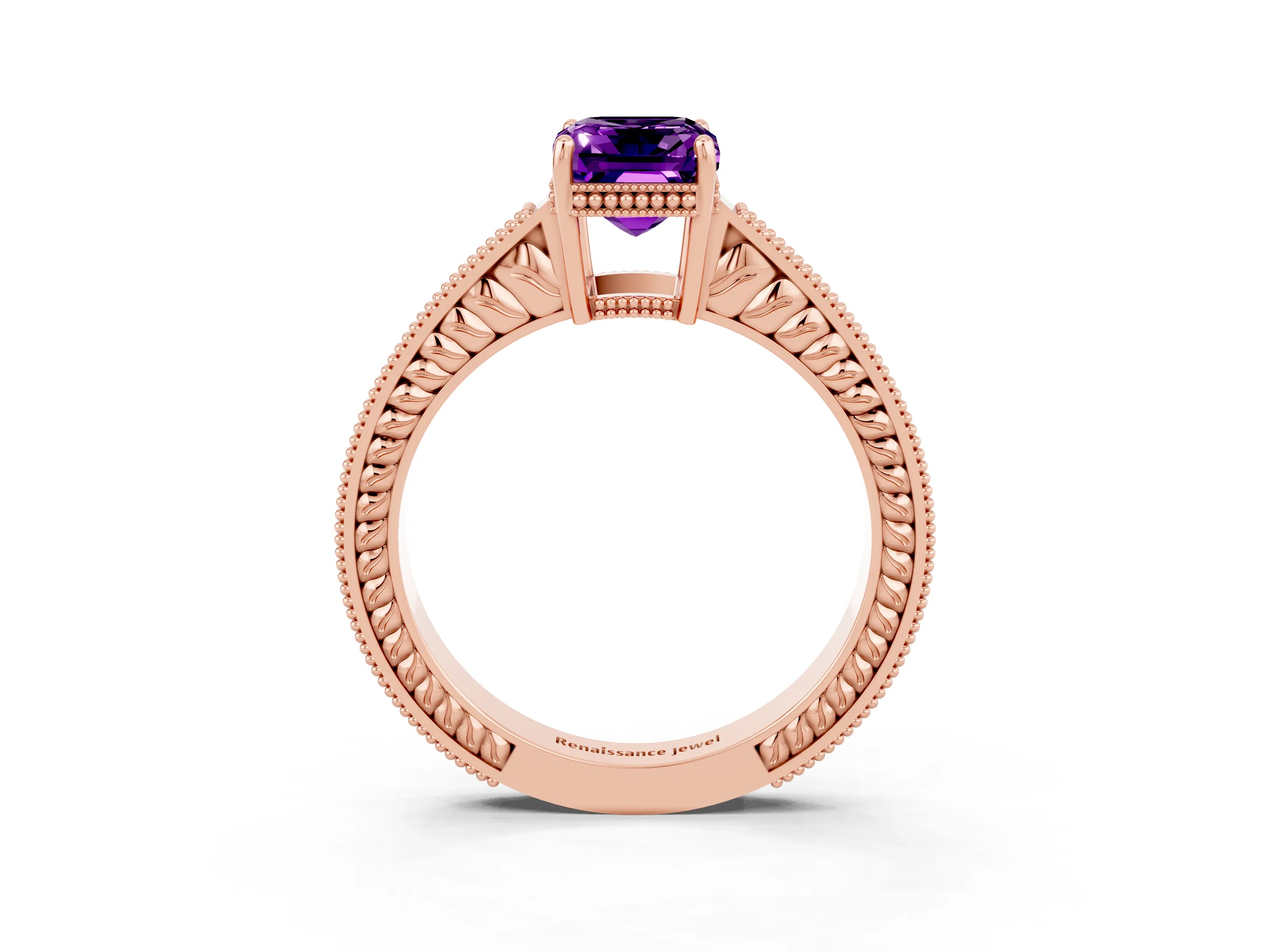 Rose gold Emerald Cut Amethyst Engagement Ring with Milgrain Channel Set Band and Prong Setting_3