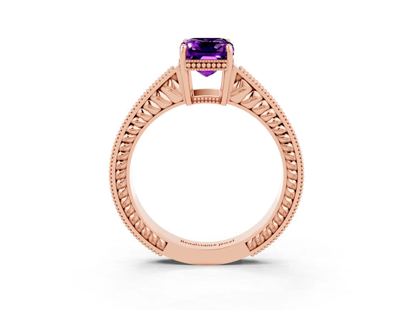 Rose gold Emerald Cut Amethyst Engagement Ring with Milgrain Channel Set Band and Prong Setting