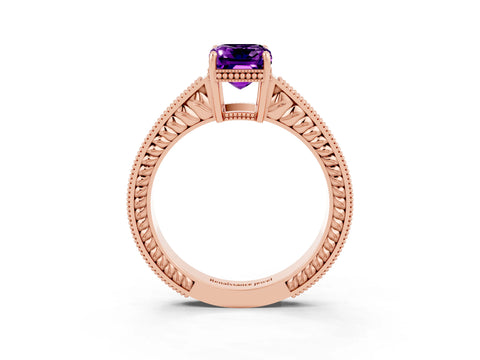 Rose gold Emerald Cut Amethyst Engagement Ring with Milgrain Channel Set Band and Prong Setting_3