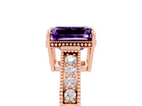 Rose gold Emerald Cut Amethyst Engagement Ring with Milgrain Channel Set Band and Prong Setting_5
