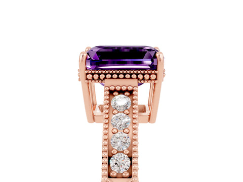 Rose gold Emerald Cut Amethyst Engagement Ring with Milgrain Channel Set Band and Prong Setting_5