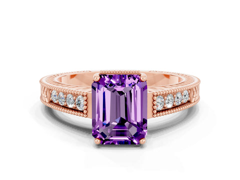 Rose gold Emerald Cut Amethyst Engagement Ring with Milgrain Channel Set Band and Prong Setting