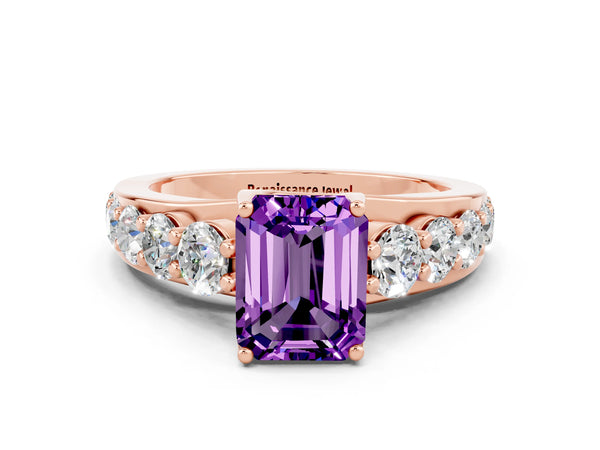 Rose gold Emerald Cut Amethyst Engagement Ring with Pavé Band and Four-Prong Setting