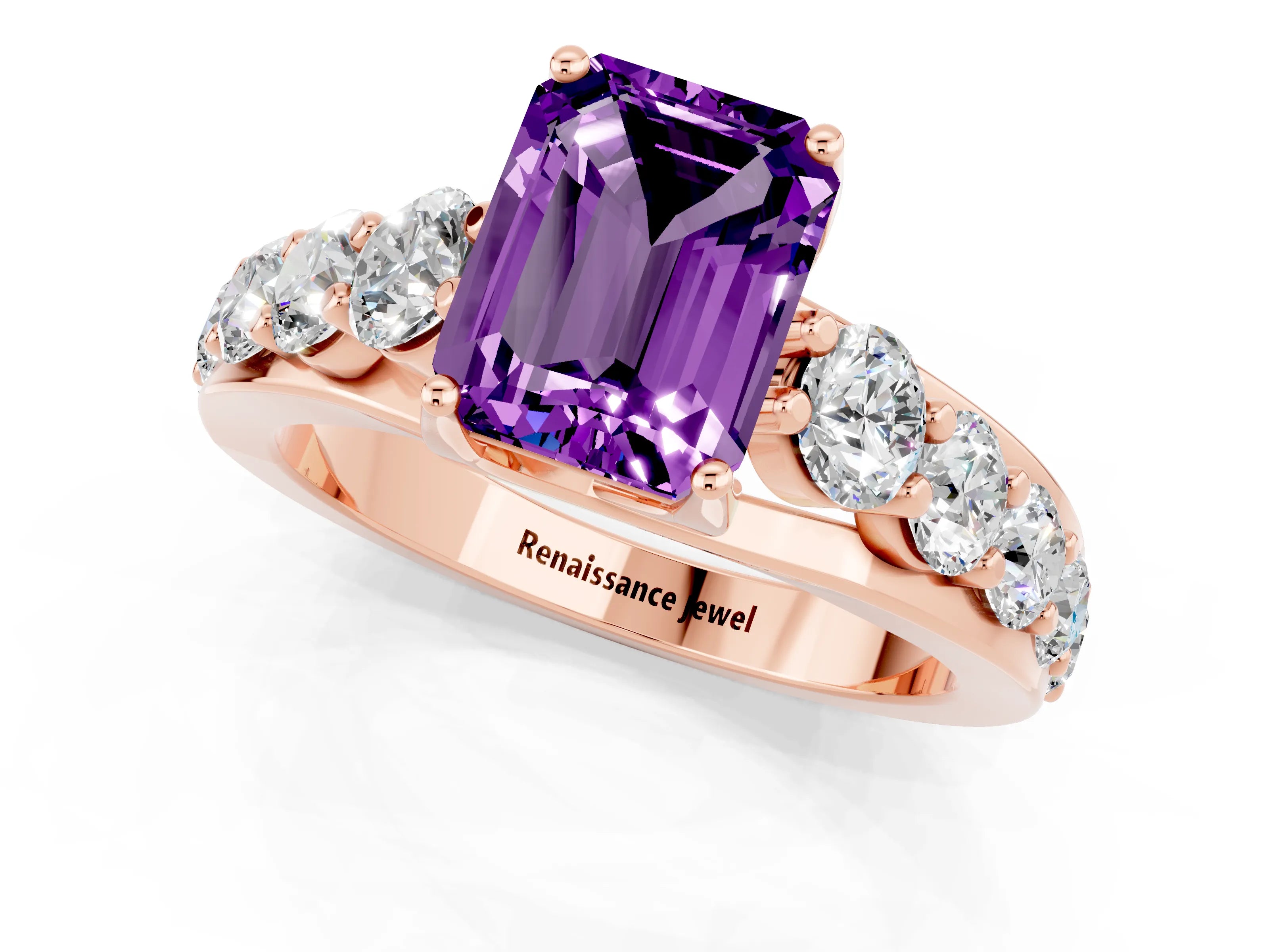 Rose gold Emerald Cut Amethyst Engagement Ring with Pavé Band and Four-Prong Setting_1