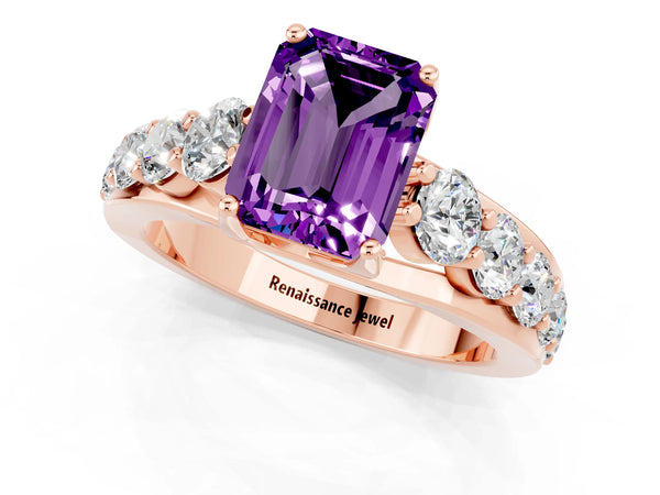 Rose gold Emerald Cut Amethyst Engagement Ring with Pavé Band and Four-Prong Setting