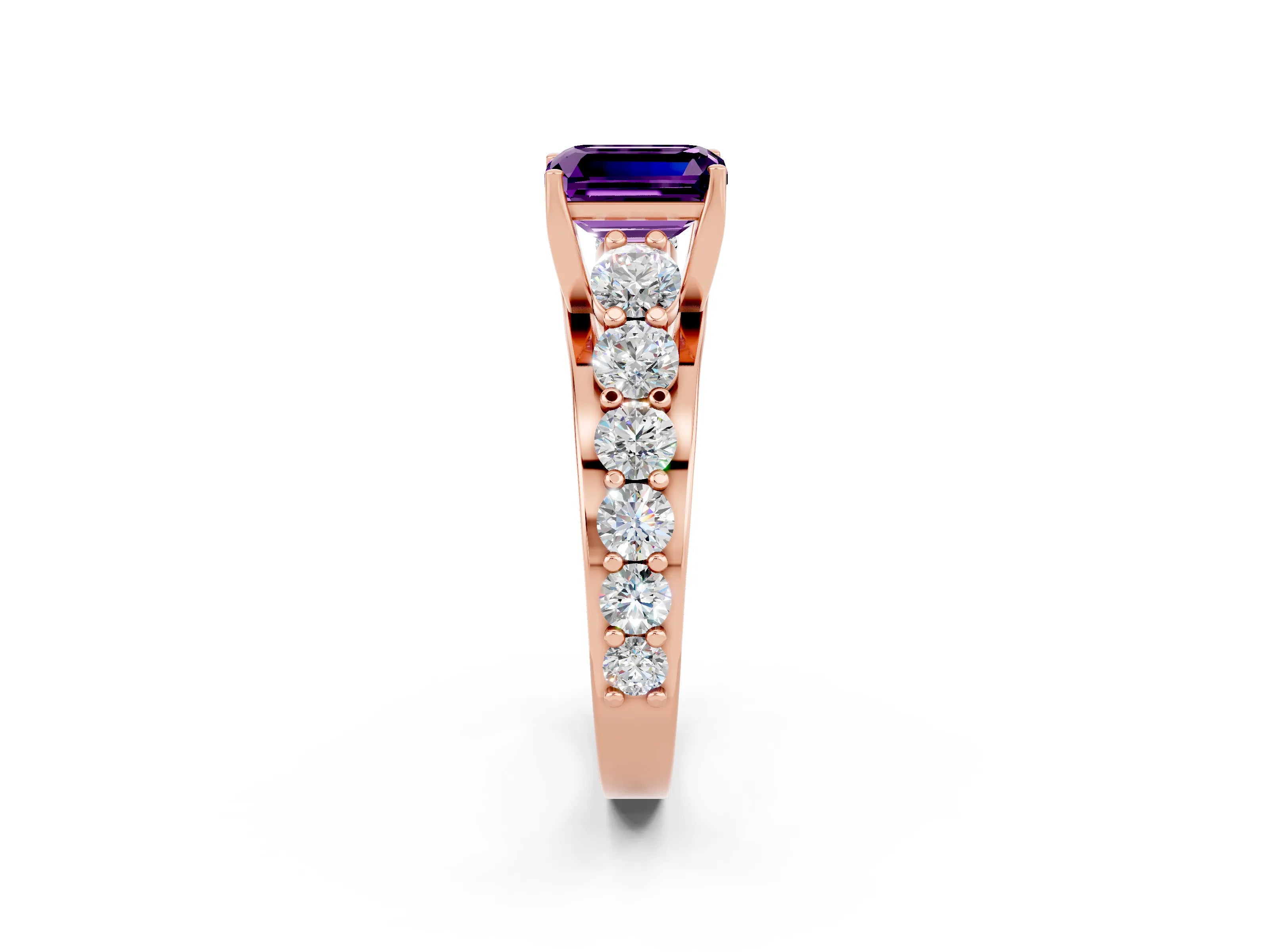 Rose gold Emerald Cut Amethyst Engagement Ring with Pavé Band and Four-Prong Setting_2