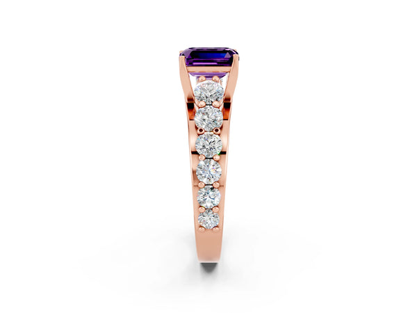 Rose gold Emerald Cut Amethyst Engagement Ring with Pavé Band and Four-Prong Setting