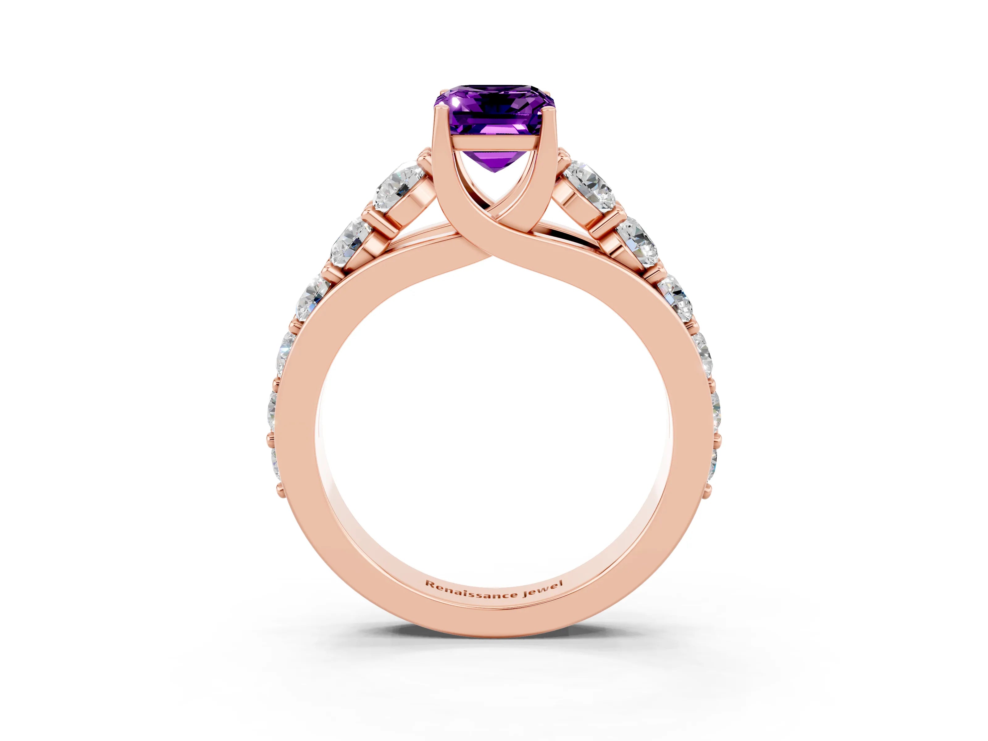Rose gold Emerald Cut Amethyst Engagement Ring with Pavé Band and Four-Prong Setting_3