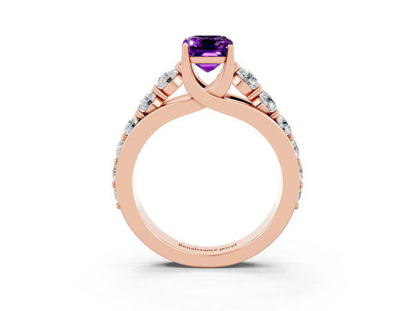 Rose gold Emerald Cut Amethyst Engagement Ring with Pavé Band and Four-Prong Setting