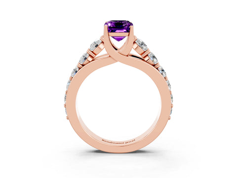 Rose gold Emerald Cut Amethyst Engagement Ring with Pavé Band and Four-Prong Setting_3