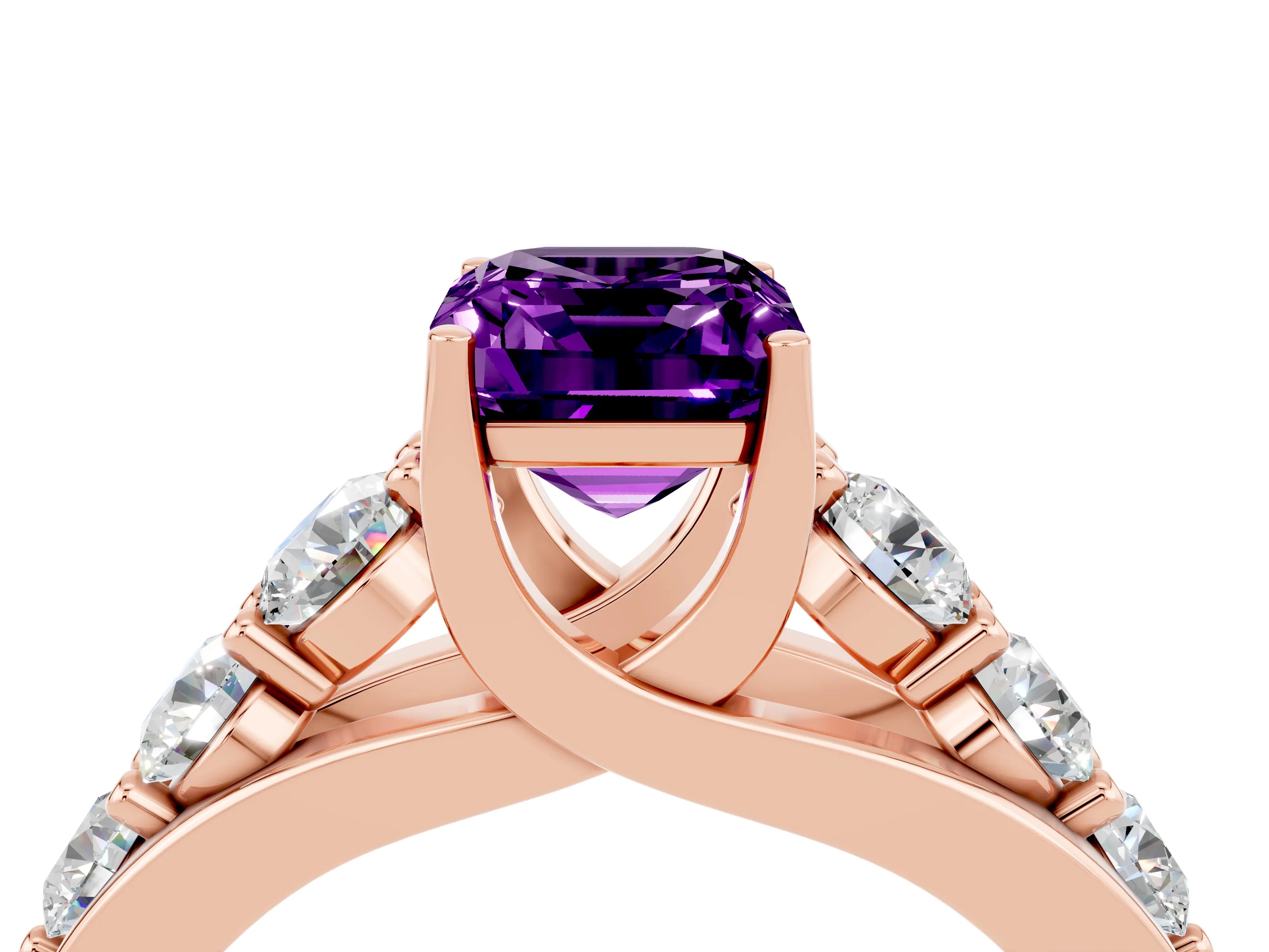 Rose gold Emerald Cut Amethyst Engagement Ring with Pavé Band and Four-Prong Setting_4