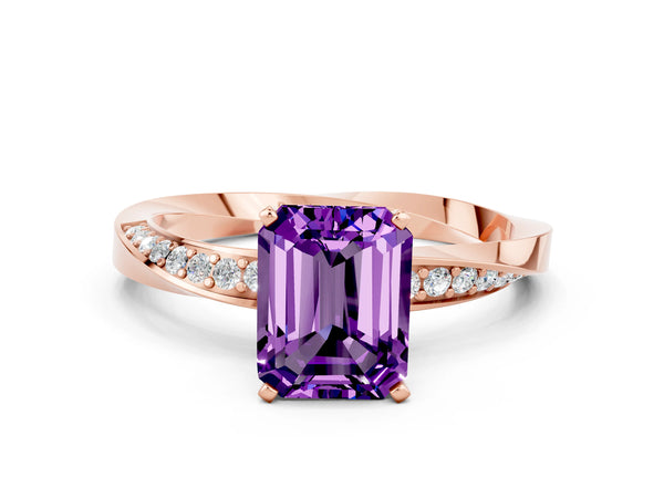 Rose gold Emerald Cut Amethyst Engagement Ring with Side Stone Accents and Four-Prong Setting