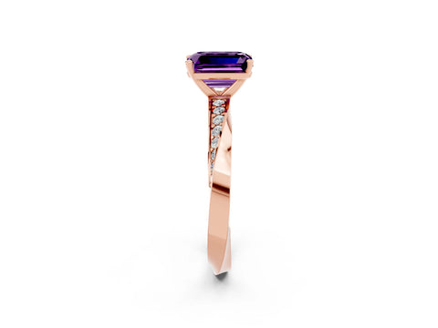 Rose gold Emerald Cut Amethyst Engagement Ring with Side Stone Accents and Four-Prong Setting_29