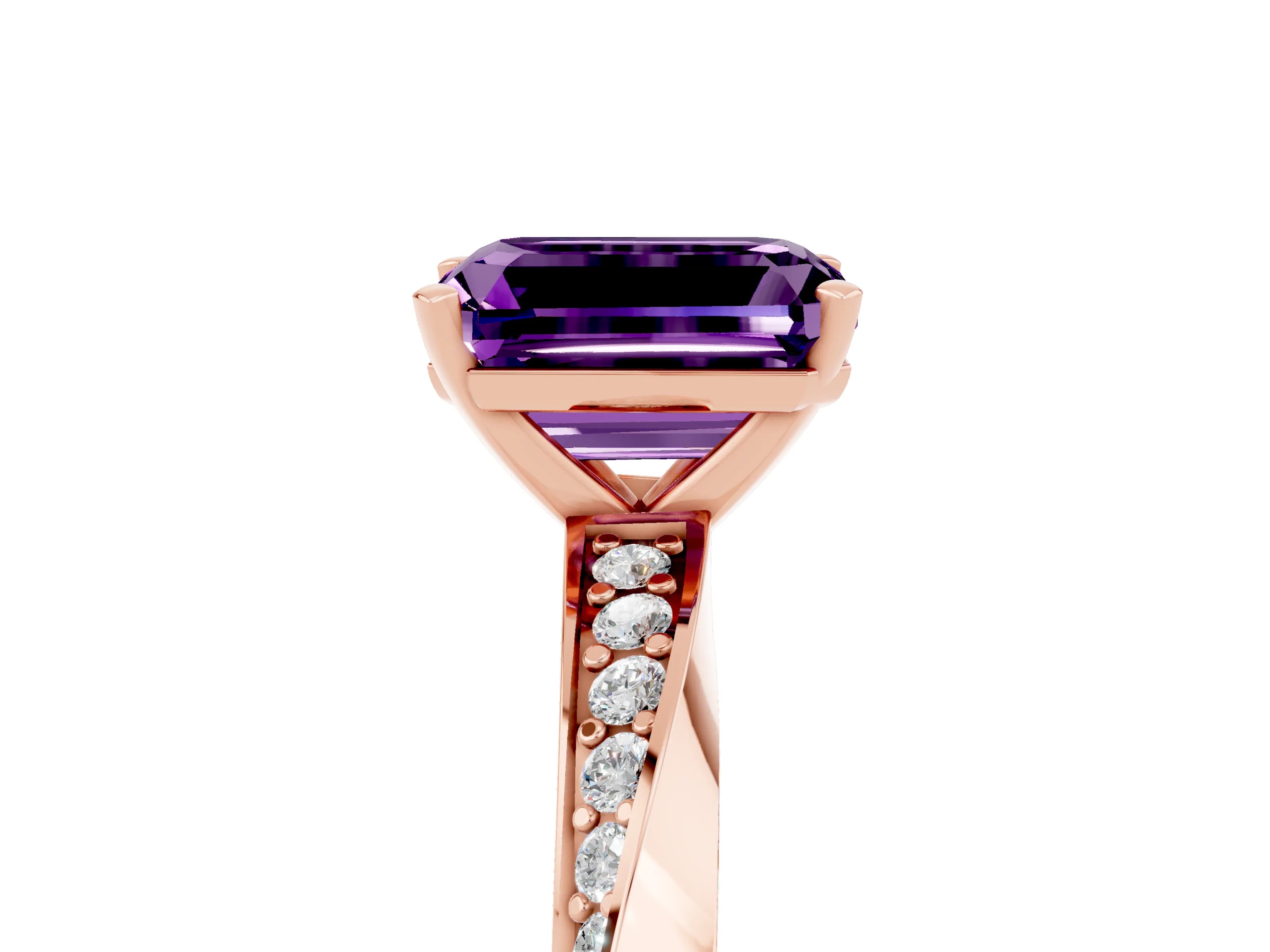 Rose gold Emerald Cut Amethyst Engagement Ring with Side Stone Accents and Four-Prong Setting_32