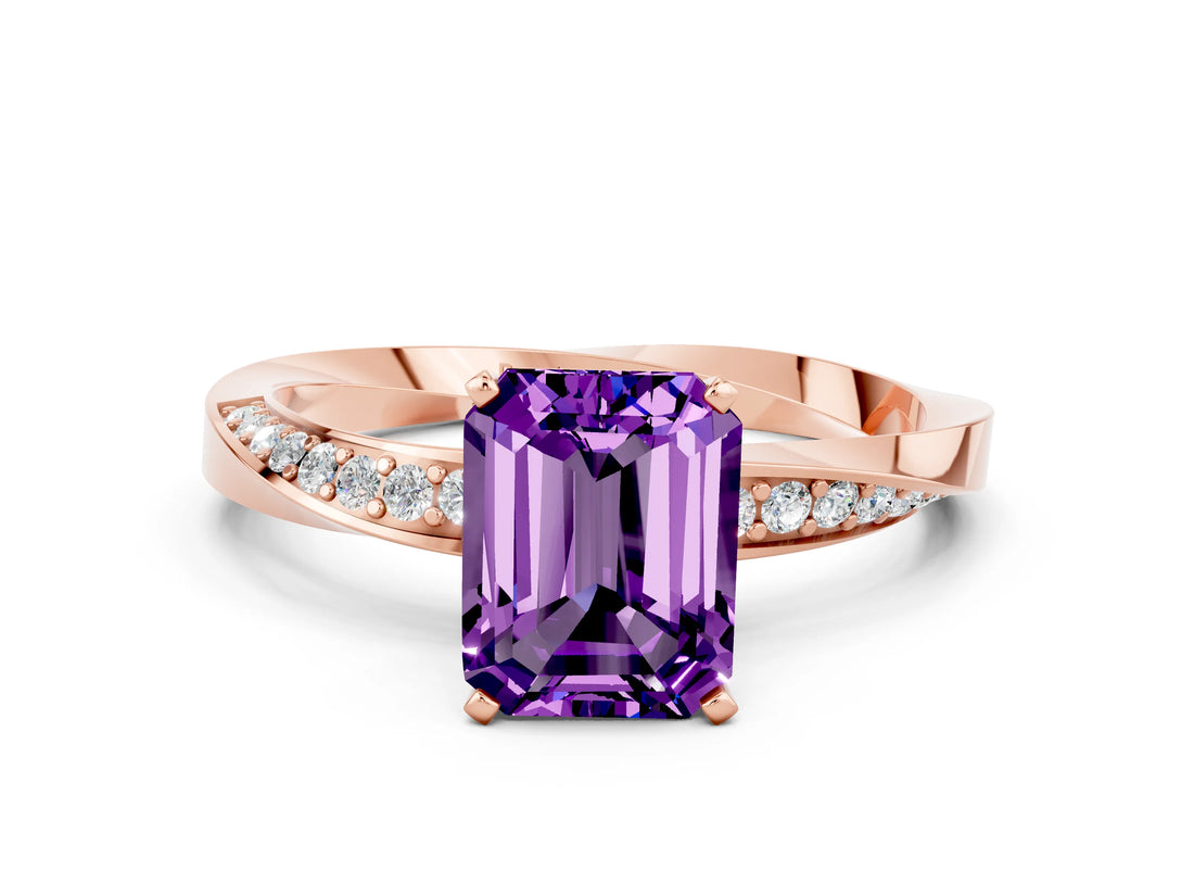 Rose gold Emerald Cut Amethyst Engagement Ring with Side Stone Accents and Four-Prong Setting_60