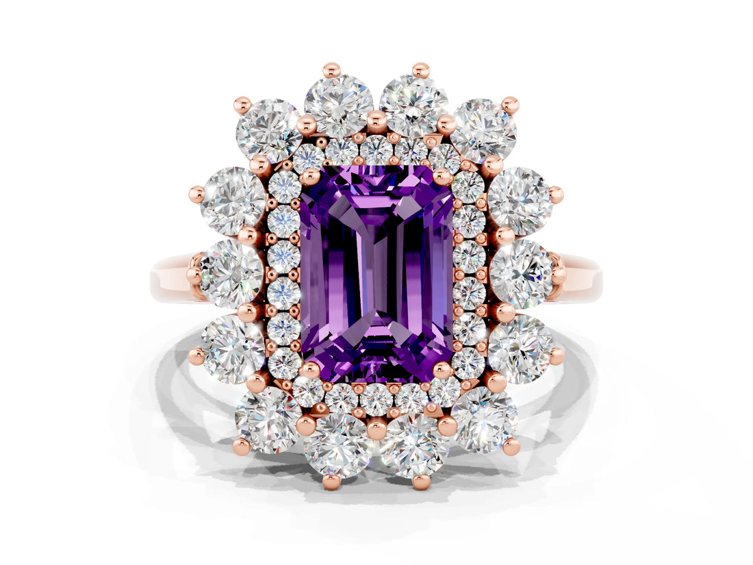 Rose gold Emerald Cut Amethyst Floral Double Halo Engagement Ring with Prong Setting_60