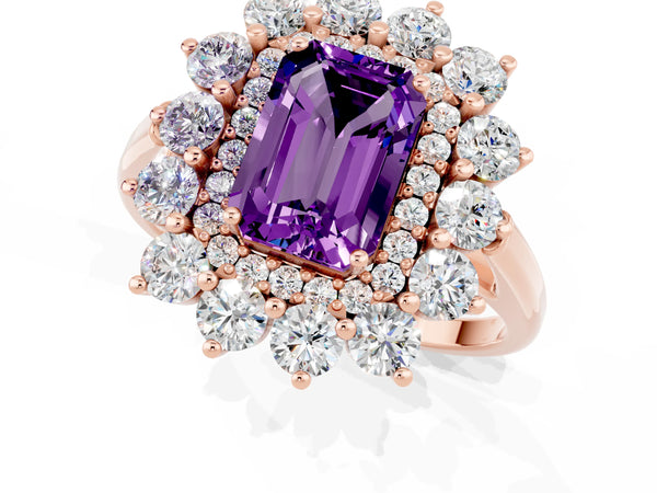 Rose gold Emerald Cut Amethyst Floral Double Halo Engagement Ring with Prong Setting