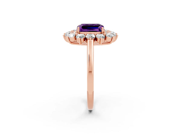 Rose gold Emerald Cut Amethyst Floral Double Halo Engagement Ring with Prong Setting