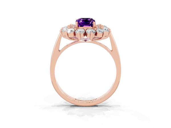 Rose gold Emerald Cut Amethyst Floral Double Halo Engagement Ring with Prong Setting