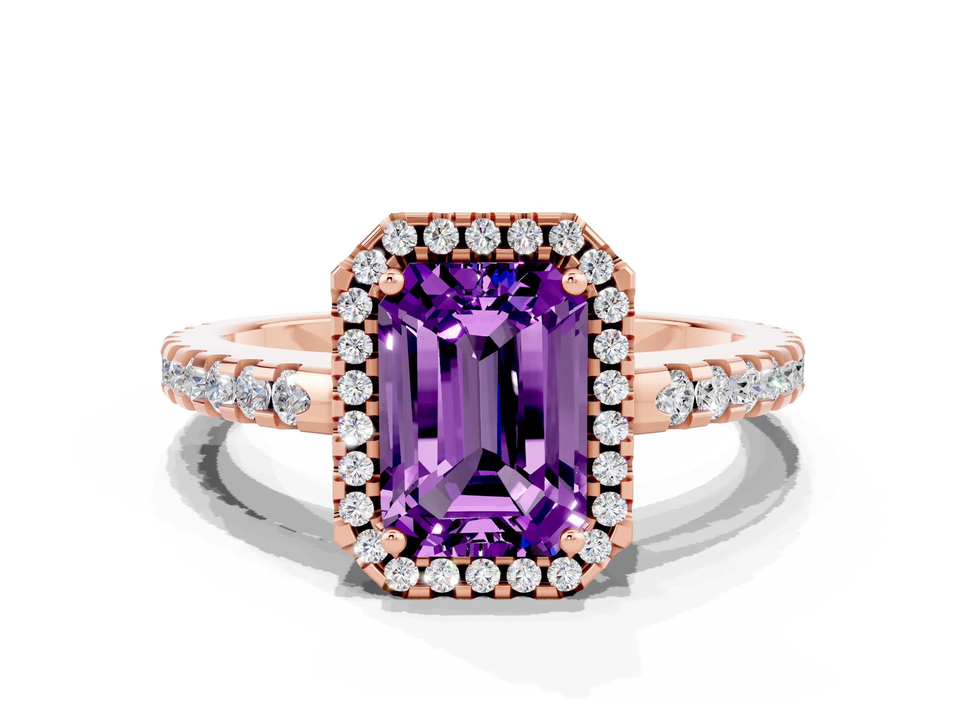 Rose gold Emerald Cut Amethyst Halo Engagement Ring with Pavé Band and Prong Setting_12