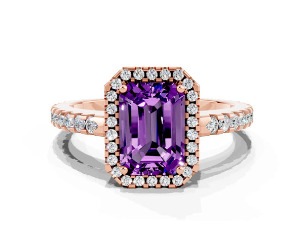 Rose gold Emerald Cut Amethyst Halo Engagement Ring with Pavé Band and Prong Setting