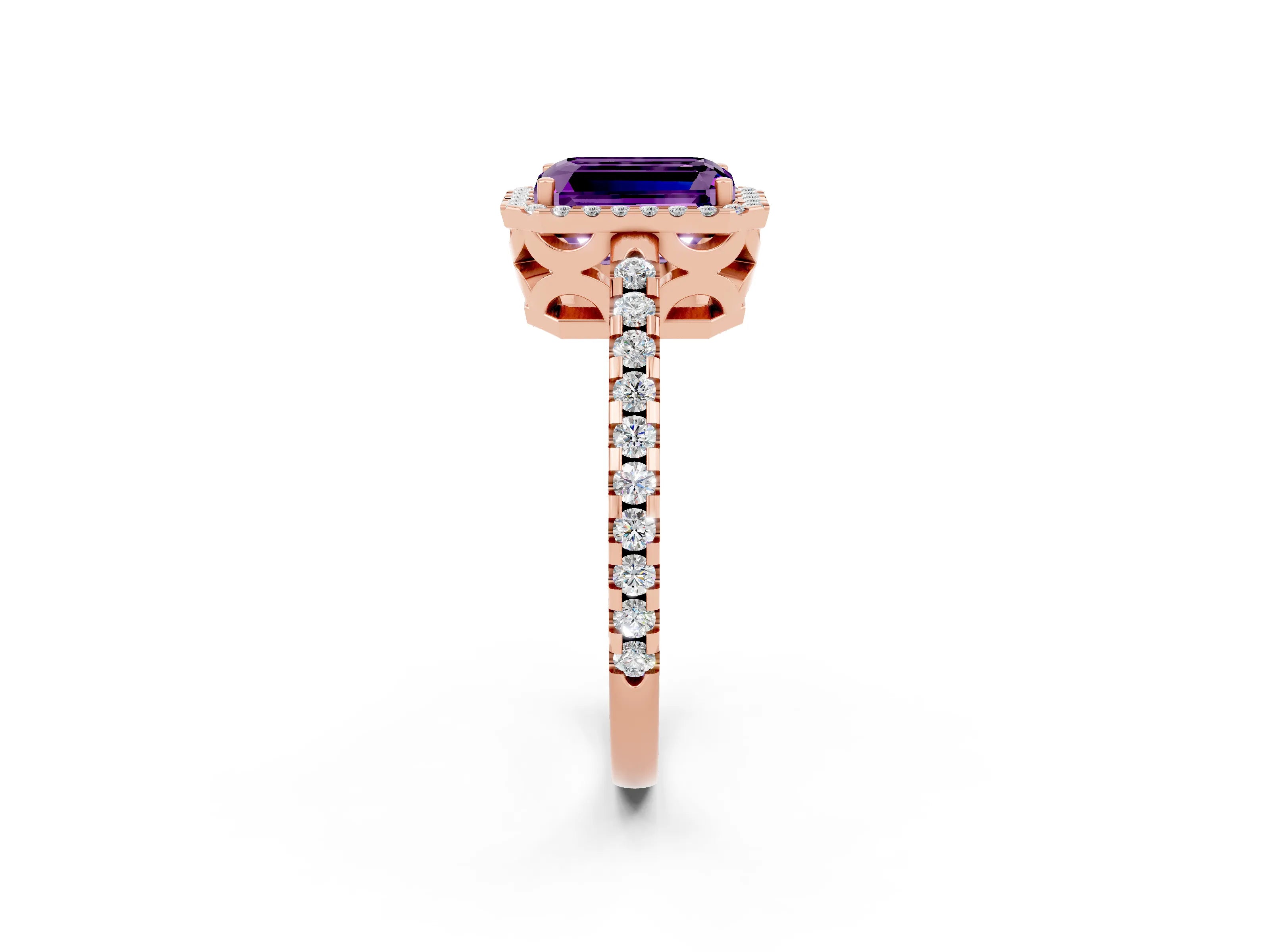 Rose gold Emerald Cut Amethyst Halo Engagement Ring with Pavé Band and Prong Setting_14