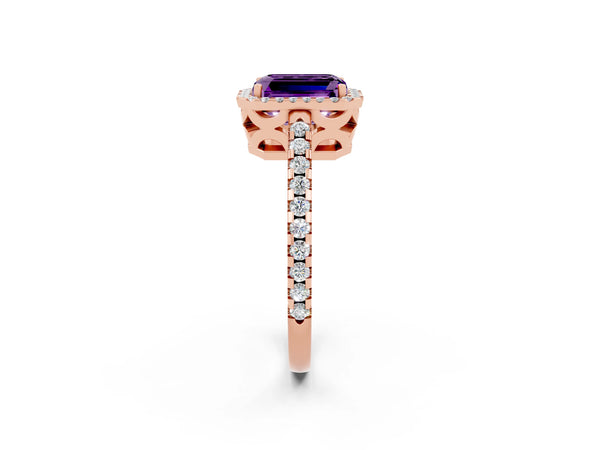 Rose gold Emerald Cut Amethyst Halo Engagement Ring with Pavé Band and Prong Setting