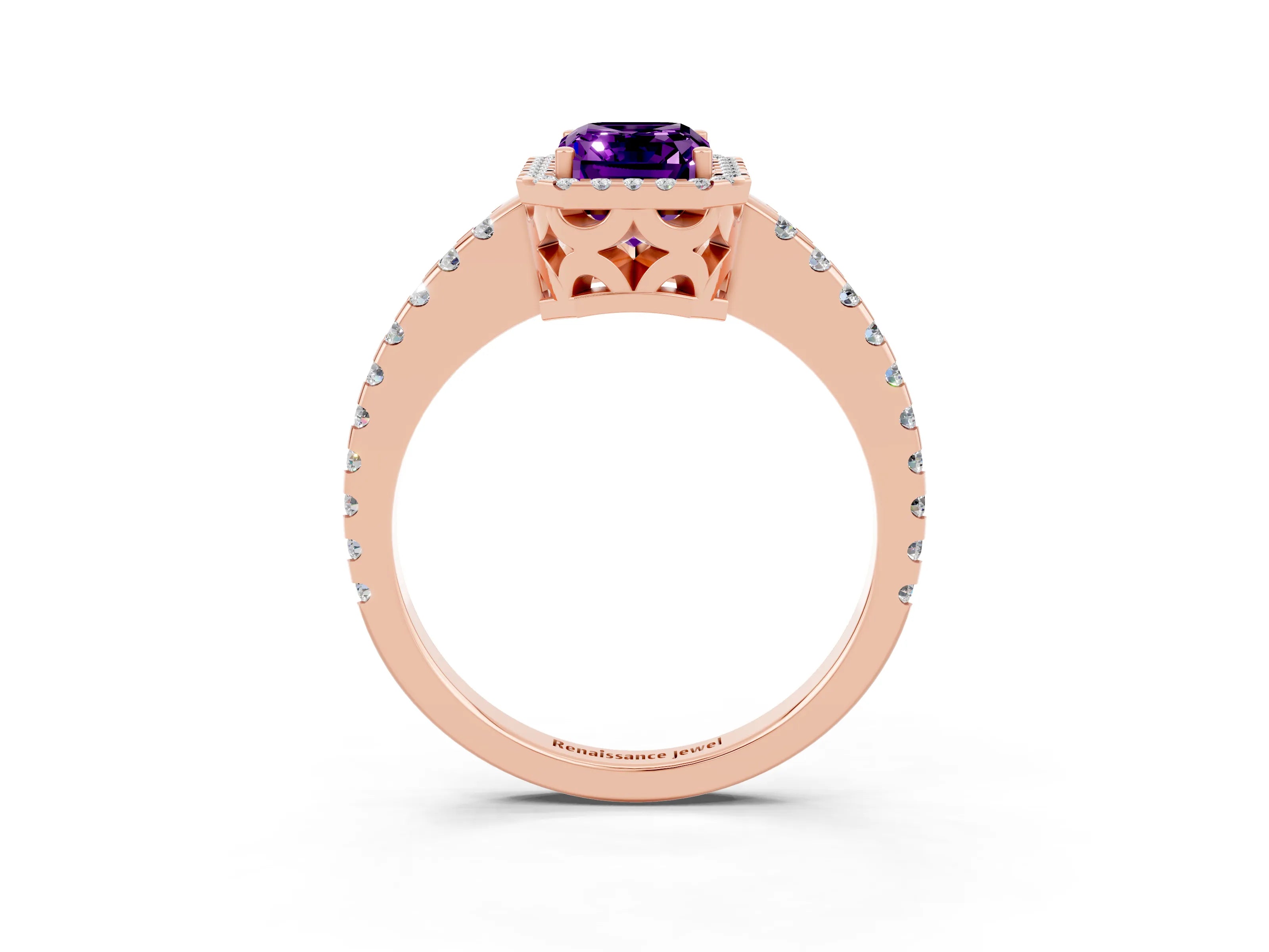 Rose gold Emerald Cut Amethyst Halo Engagement Ring with Pavé Band and Prong Setting_15