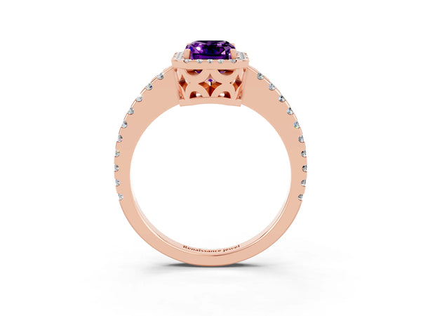 Rose gold Emerald Cut Amethyst Halo Engagement Ring with Pavé Band and Prong Setting