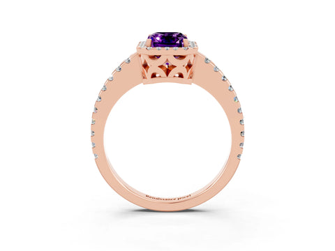 Rose gold Emerald Cut Amethyst Halo Engagement Ring with Pavé Band and Prong Setting_15