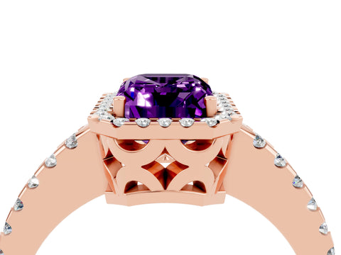 Rose gold Emerald Cut Amethyst Halo Engagement Ring with Pavé Band and Prong Setting_16