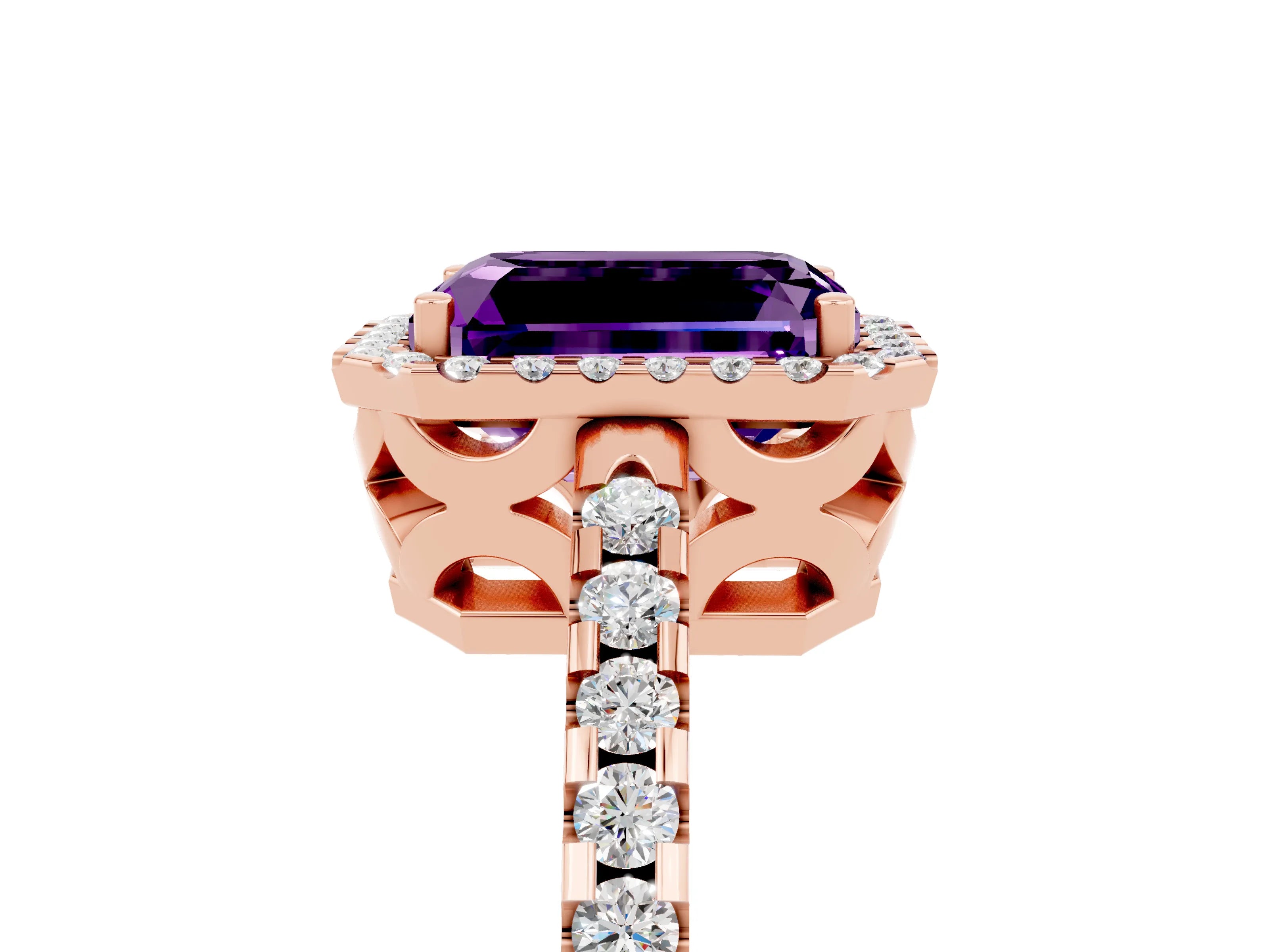 Rose gold Emerald Cut Amethyst Halo Engagement Ring with Pavé Band and Prong Setting_17