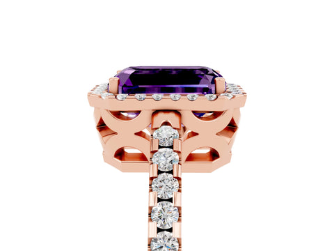 Rose gold Emerald Cut Amethyst Halo Engagement Ring with Pavé Band and Prong Setting_17