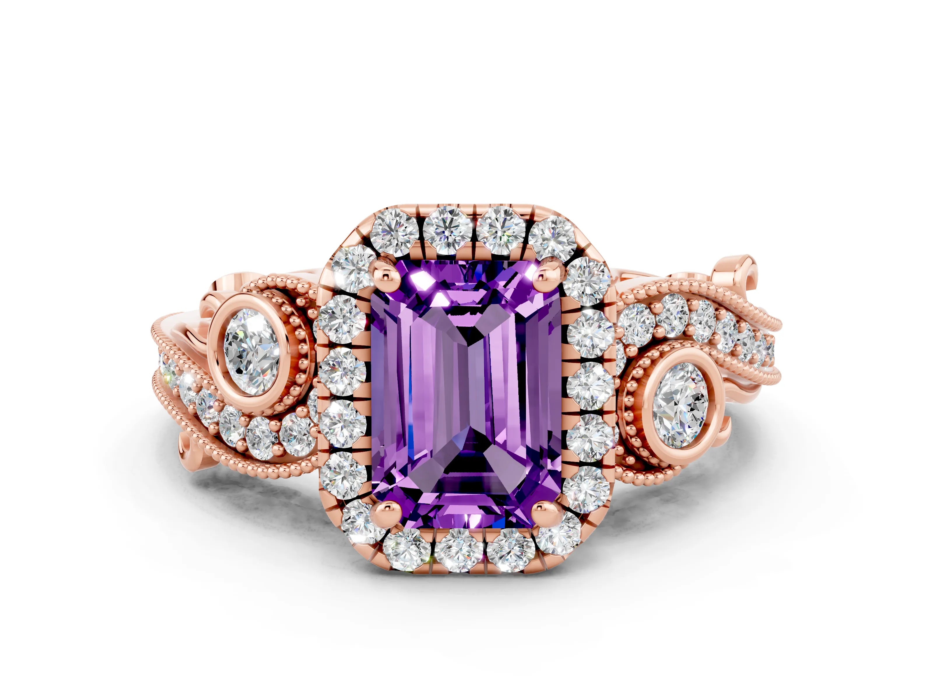 Rose gold Emerald Cut Amethyst Halo Ring with Milgrain Pavé Band and Four-Prong Setting_12