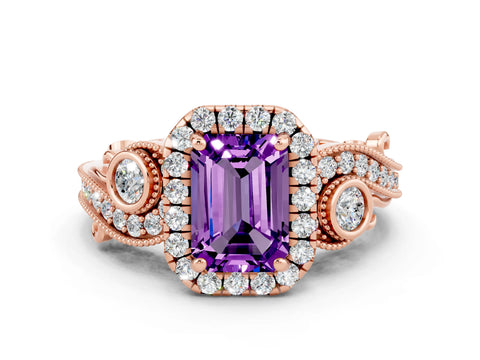 Rose gold Emerald Cut Amethyst Halo Ring with Milgrain Pavé Band and Four-Prong Setting_12