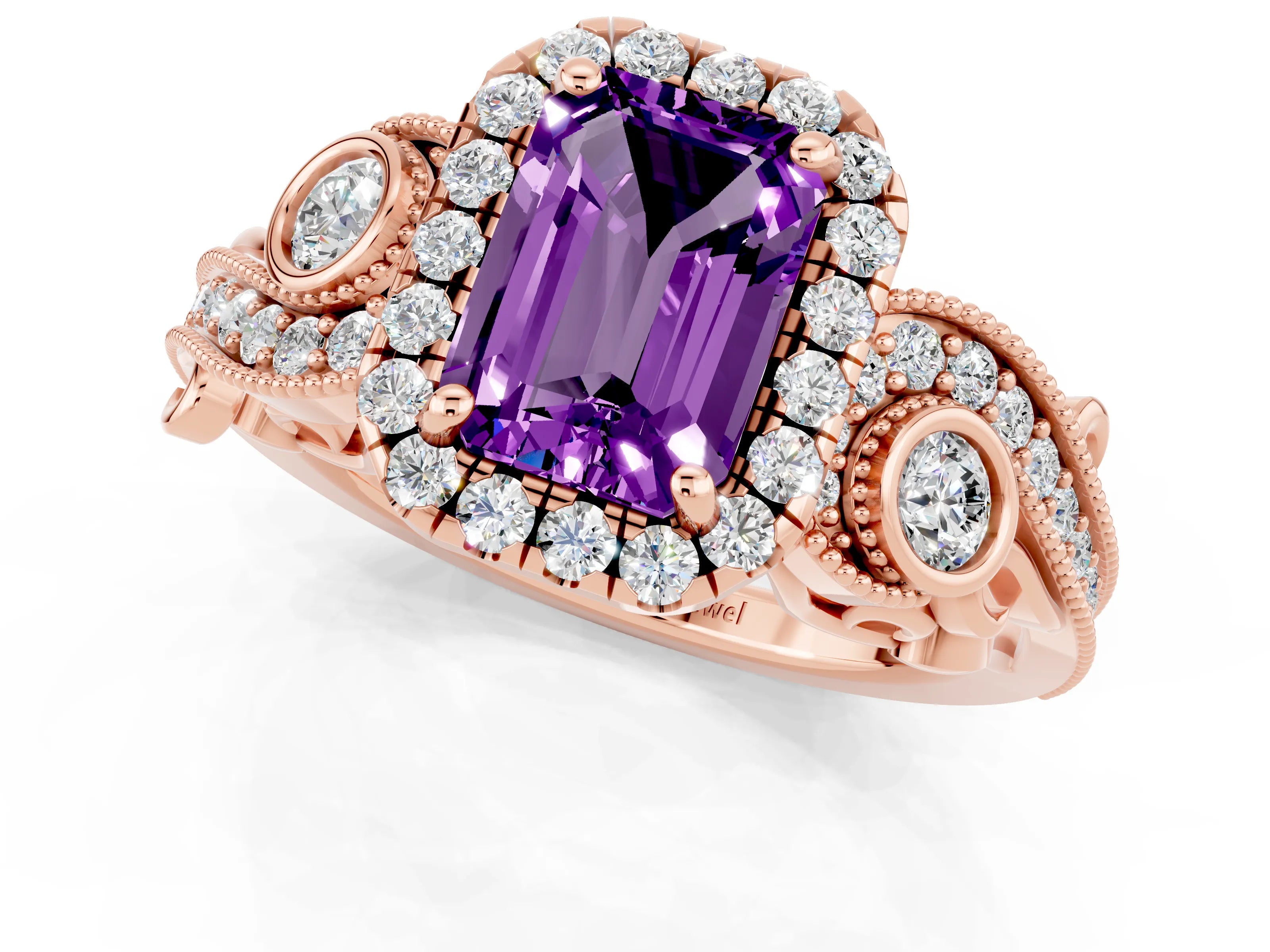 Rose gold Emerald Cut Amethyst Halo Ring with Milgrain Pavé Band and Four-Prong Setting_13