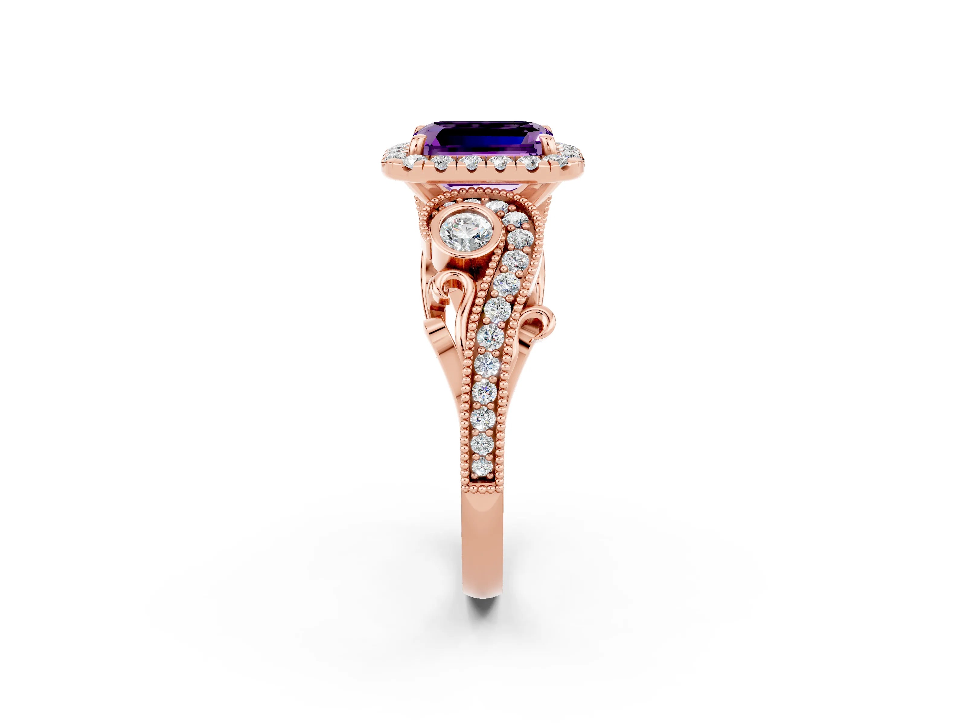 Rose gold Emerald Cut Amethyst Halo Ring with Milgrain Pavé Band and Four-Prong Setting_14