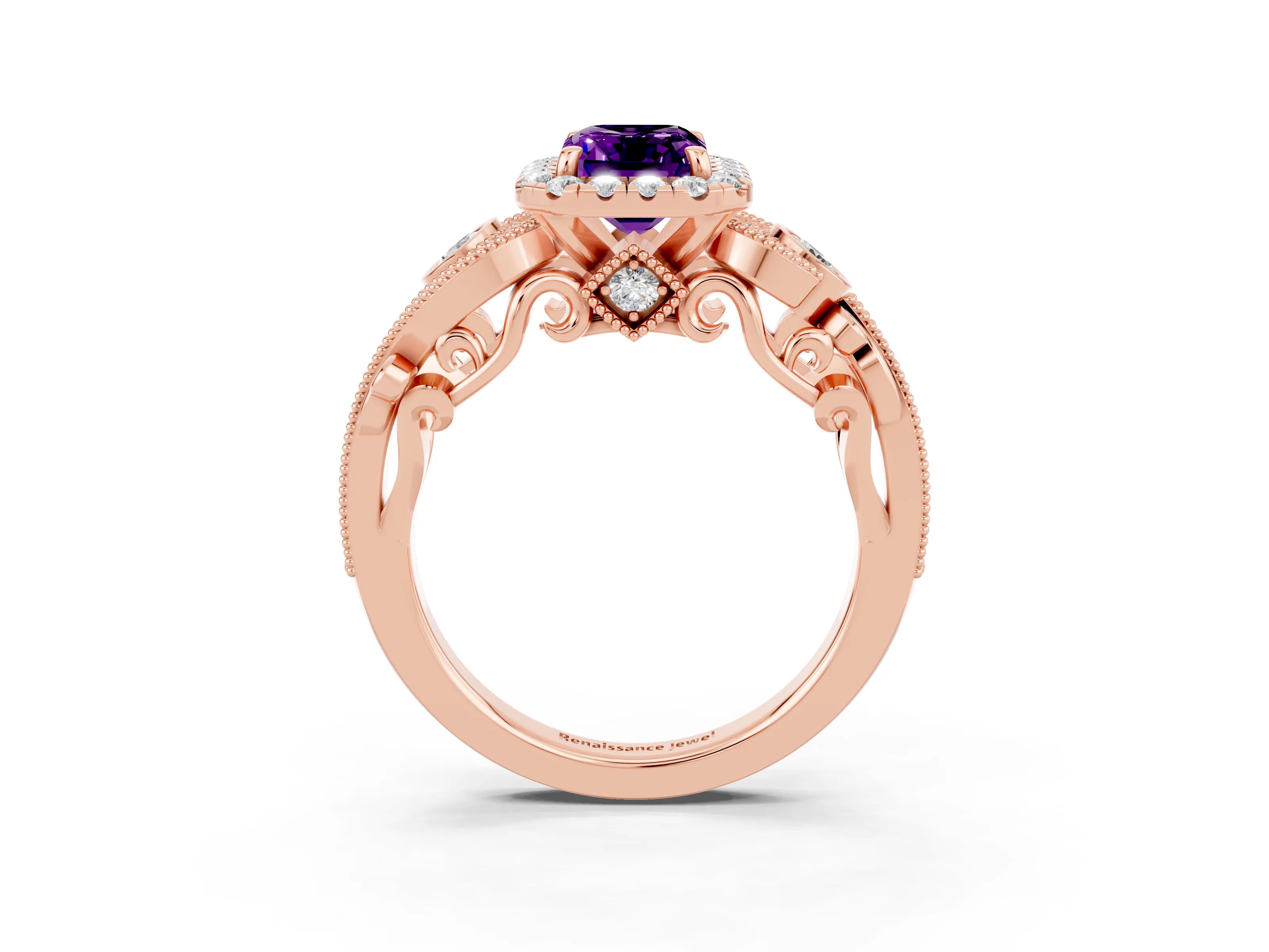 Rose gold Emerald Cut Amethyst Halo Ring with Milgrain Pavé Band and Four-Prong Setting_15