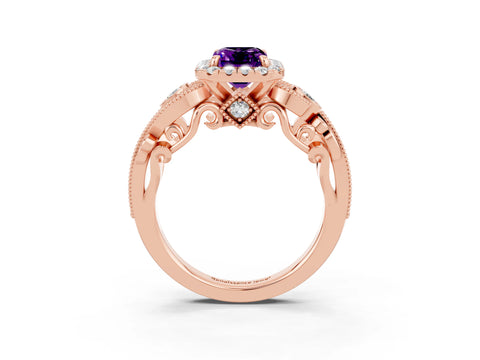 Rose gold Emerald Cut Amethyst Halo Ring with Milgrain Pavé Band and Four-Prong Setting_15