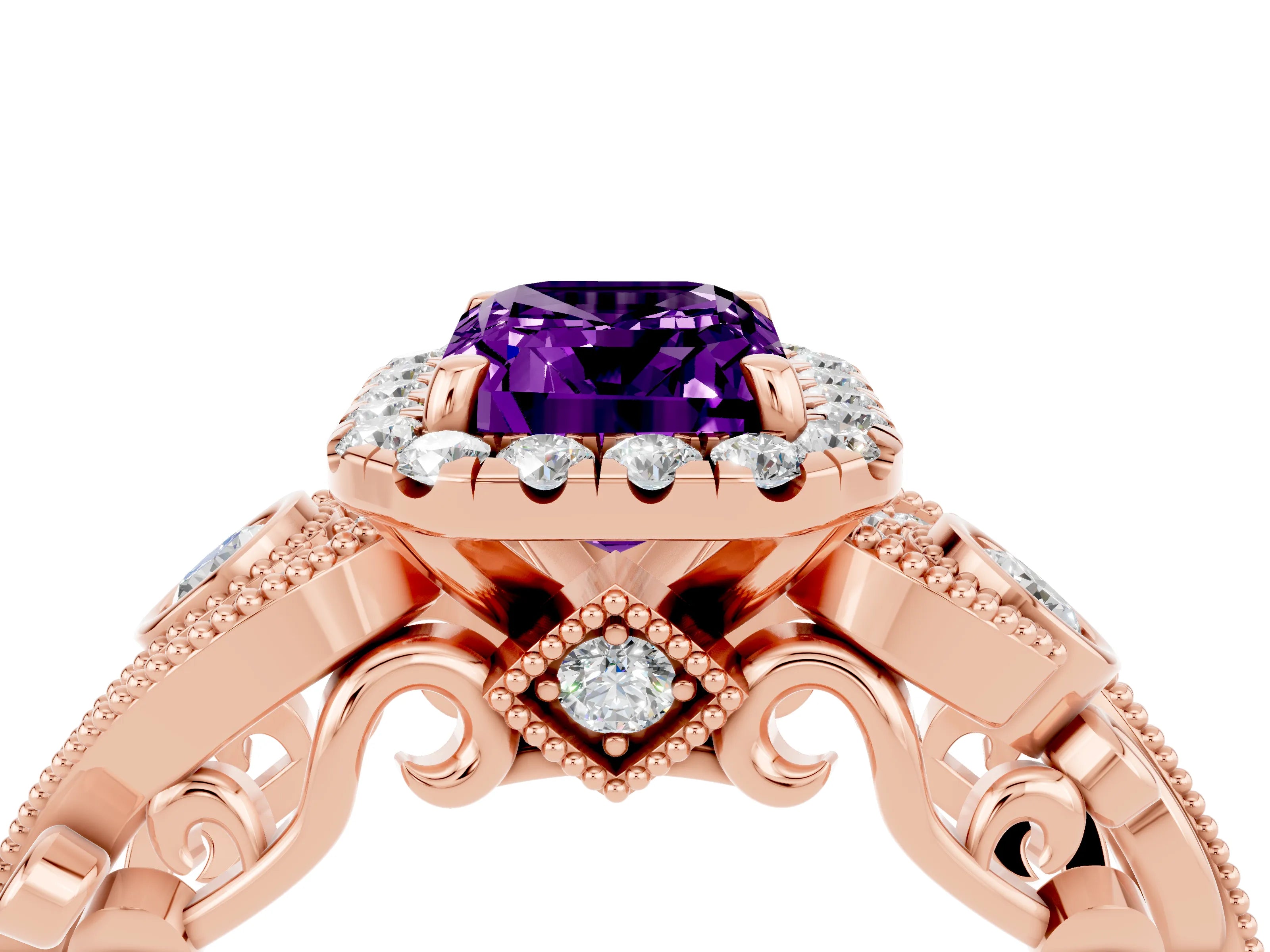 Rose gold Emerald Cut Amethyst Halo Ring with Milgrain Pavé Band and Four-Prong Setting_16