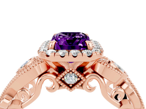 Rose gold Emerald Cut Amethyst Halo Ring with Milgrain Pavé Band and Four-Prong Setting_16